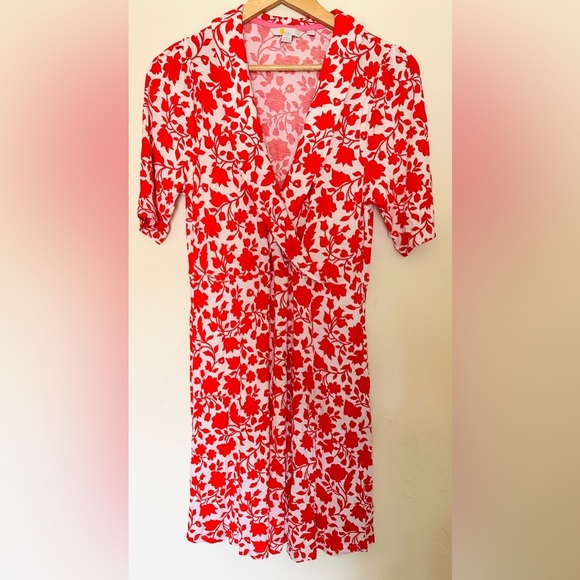 Boden Fixed Wrap Jersey Dress Floral Botanical Print Red and  White - Size 10R - Picture 5 of 8